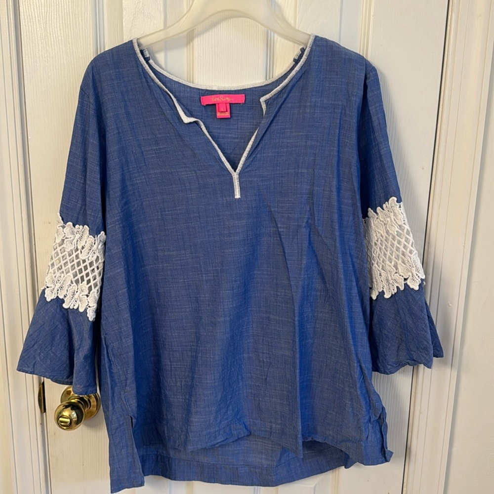 Lilly Pulitzer top- size large- chambray with lace elbows/sleeves